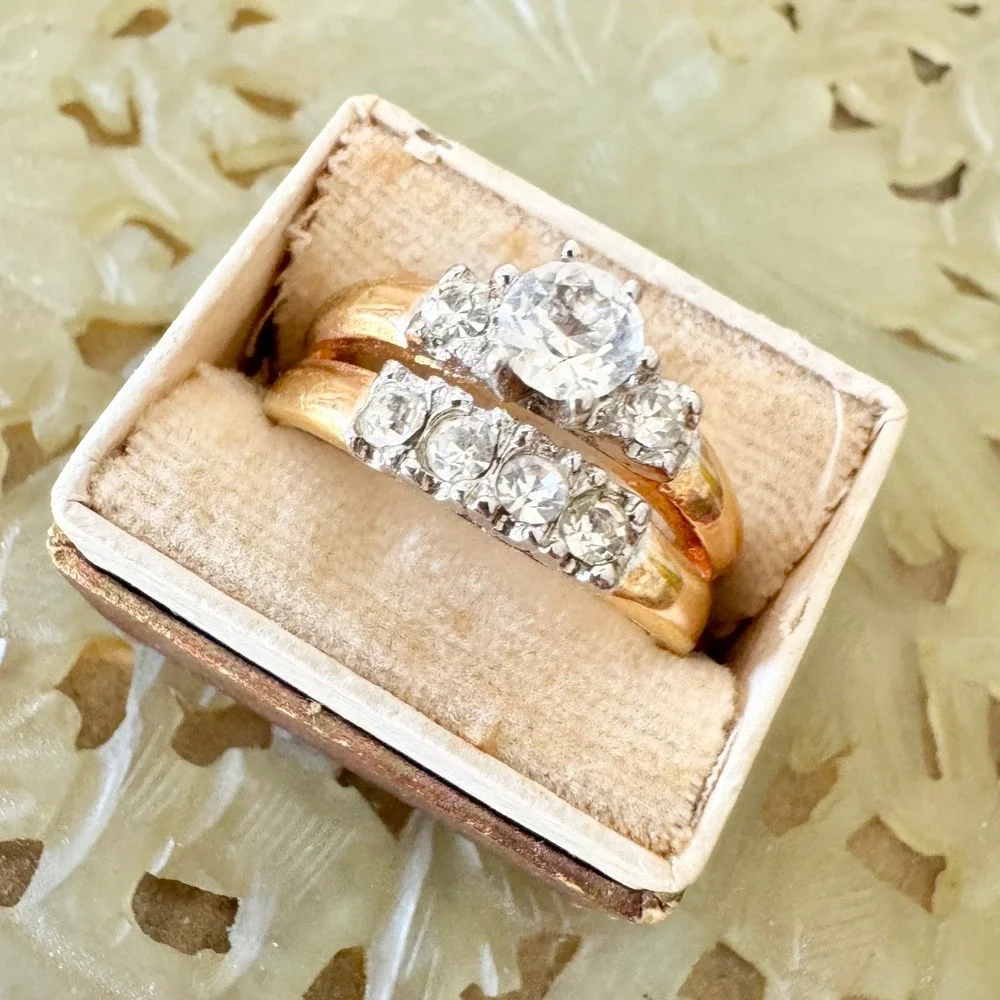 Vintage Cubic Zirconia Engagement Wedding Ring Double Band 18kt Gold Plated Sz 9